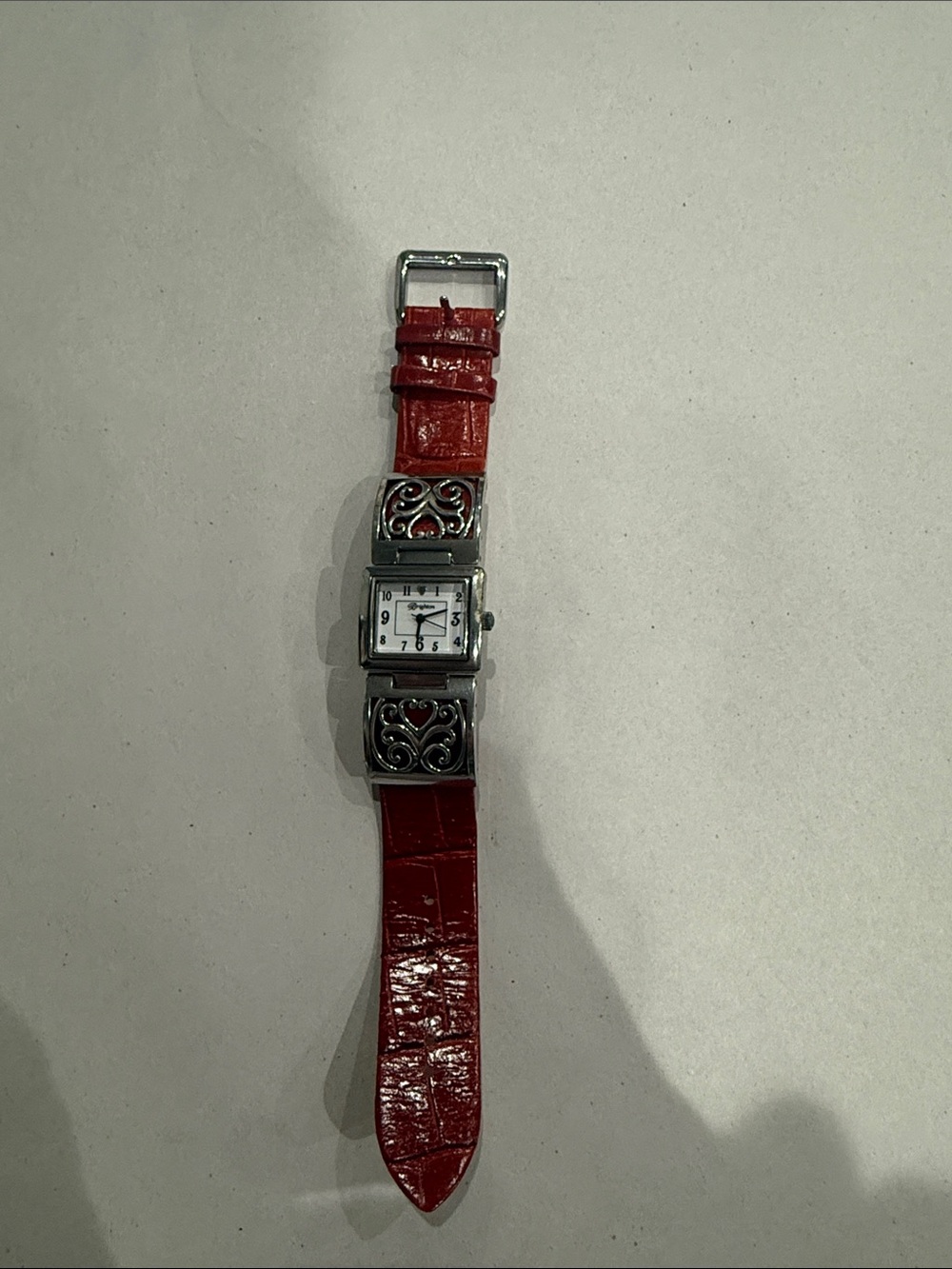 Brighton Red Leather Strap Silver Accent Women's Watch